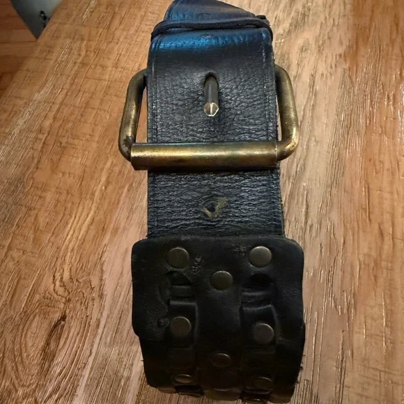 Black Leather Belt with Brass Buckle &Rivets all around